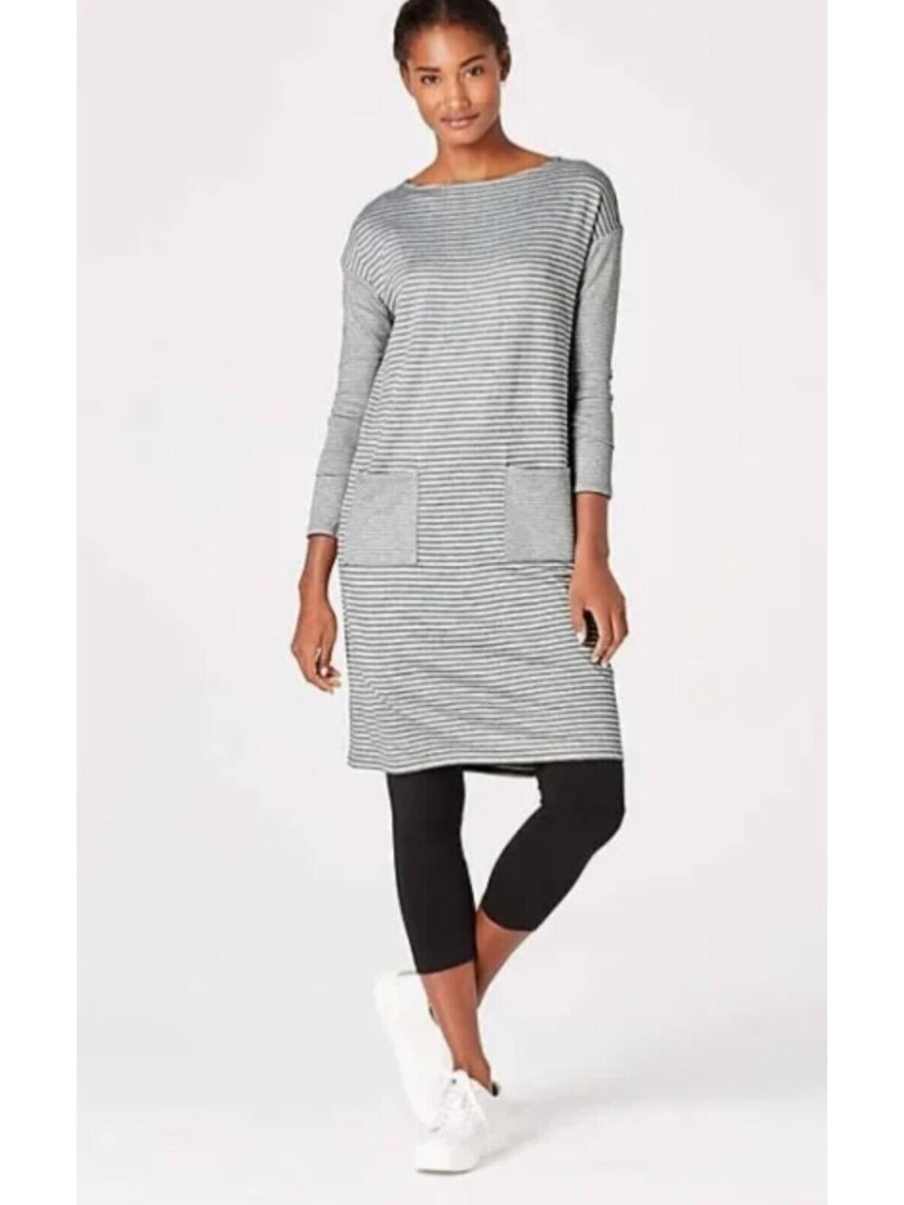 J. Jill Striped Knit Patch Pocket Dress gray womens size XL 3/4 sleeve rayon